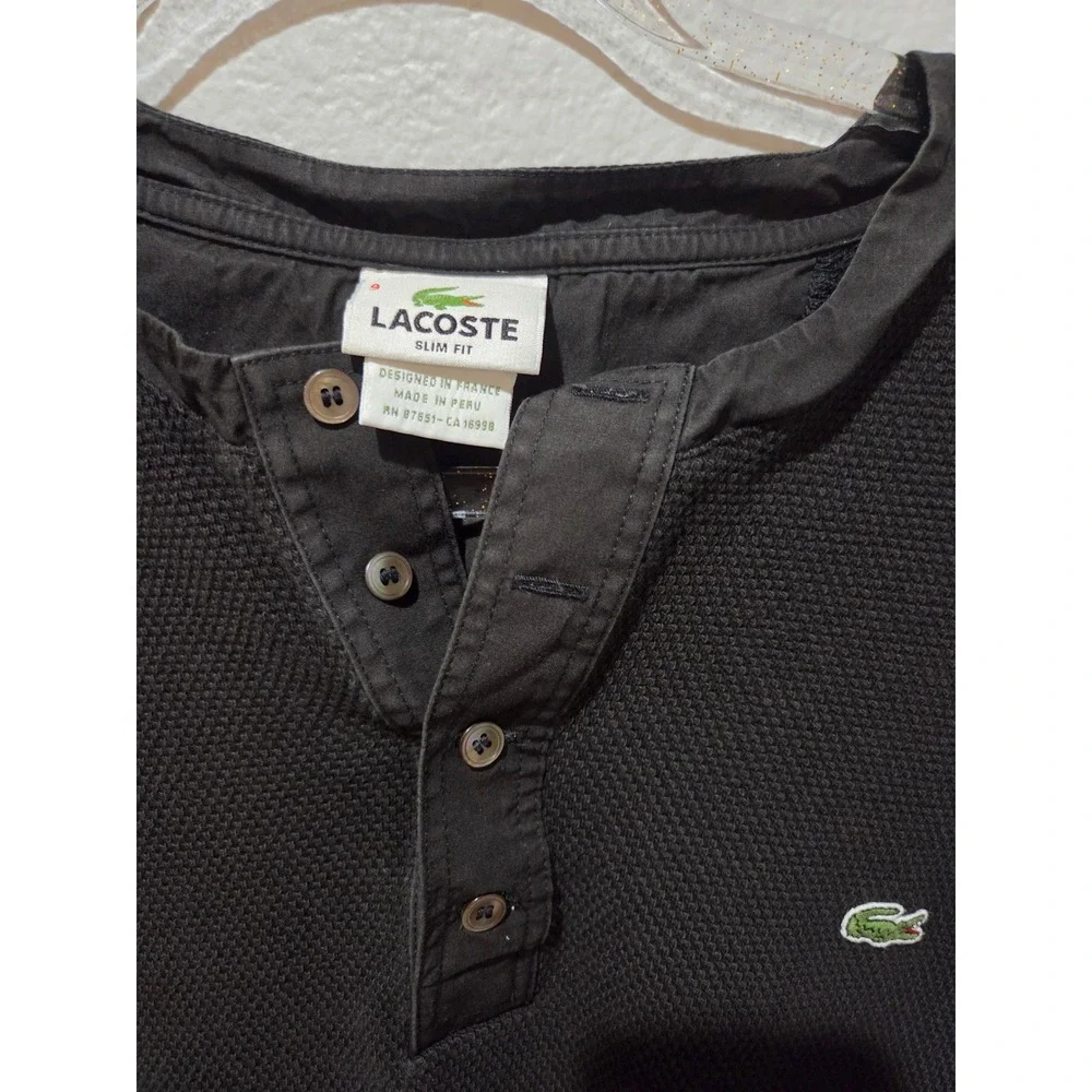 Lacoste Henley Shirt Mens 9 3XL Black Excellent Waffle Knit Slim Fit F8455